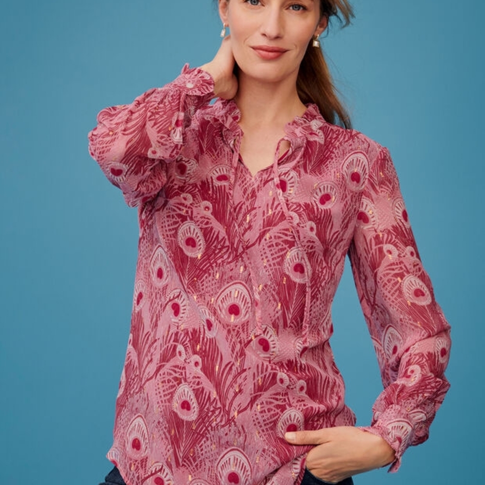 Talbots Pink Peacock Patterned Ruffled Blouse